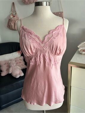 100% Silk Beaded Lace Trim Pink Camisole Tank Top